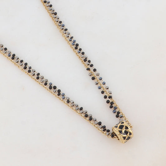 Collier 3 rangs avec pâtes de verre et pendentif émaillé style graphique (40+5CM)