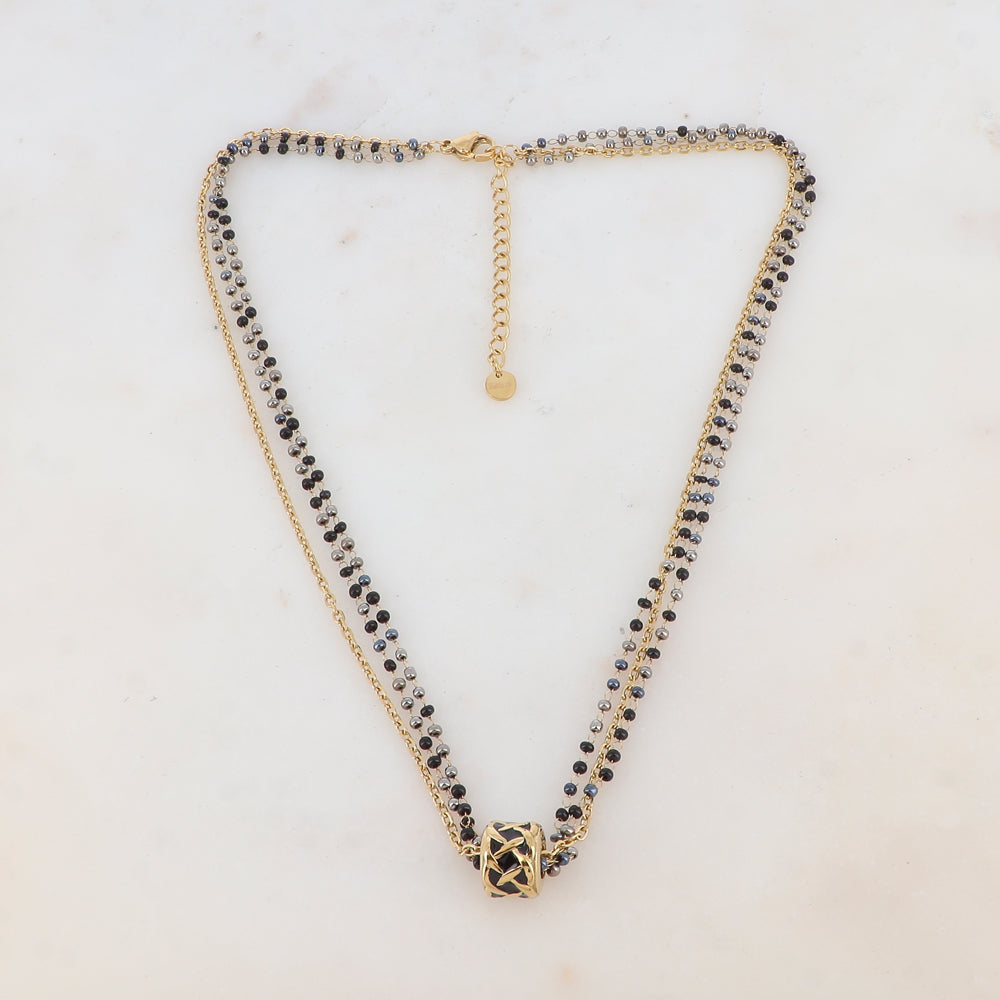Collier 3 rangs avec pâtes de verre et pendentif émaillé style graphique (40+5CM)