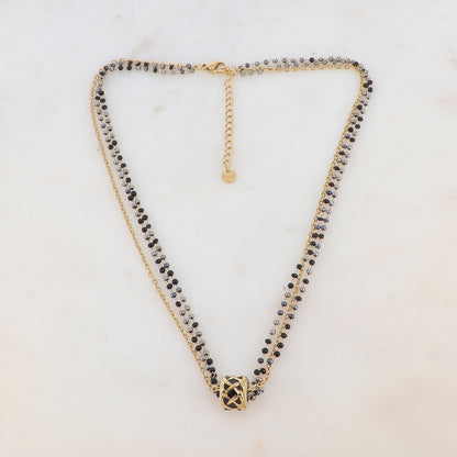 Collier 3 rangs avec pâtes de verre et pendentif émaillé style graphique (40+5CM)