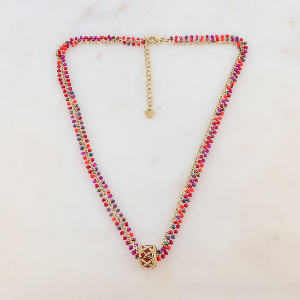 Collier 3 rangs avec pâtes de verre et pendentif émaillé style graphique (40+5CM)
