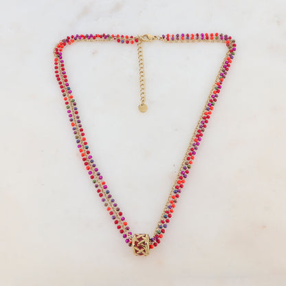 Collier 3 rangs avec pâtes de verre et pendentif émaillé style graphique (40+5CM)