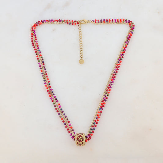 Collier 3 rangs avec pâtes de verre et pendentif émaillé style graphique (40+5CM)
