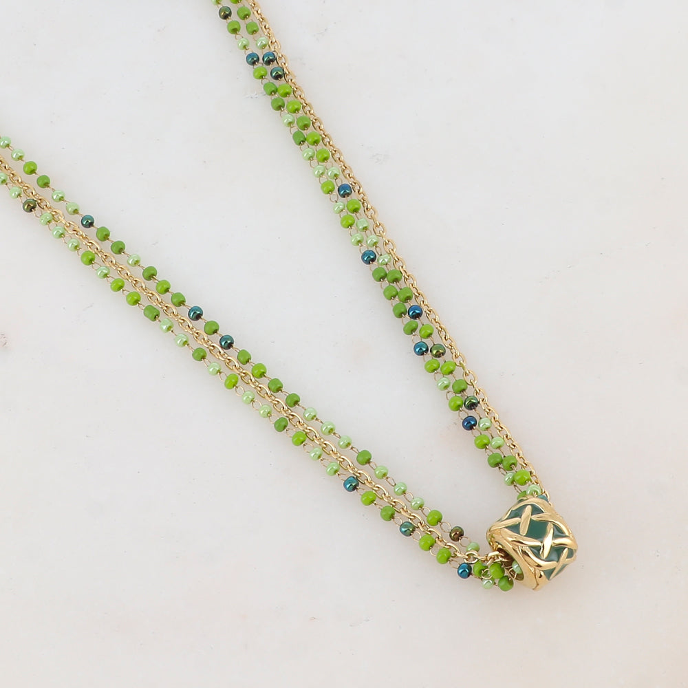 Collier 3 rangs avec pâtes de verre et pendentif émaillé style graphique (40+5CM)