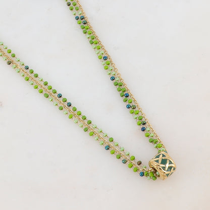 Collier 3 rangs avec pâtes de verre et pendentif émaillé style graphique (40+5CM)