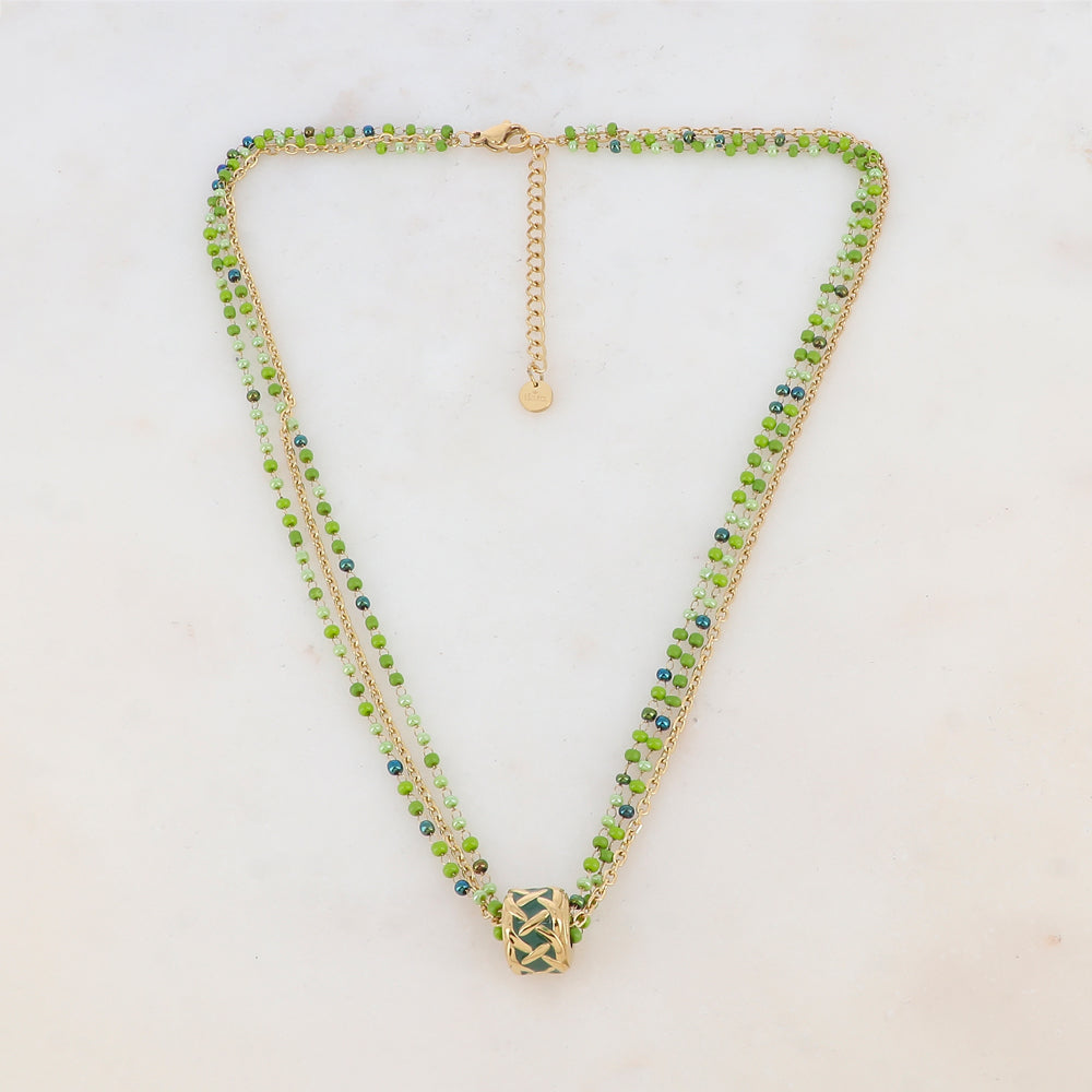 Collier 3 rangs avec pâtes de verre et pendentif émaillé style graphique (40+5CM)