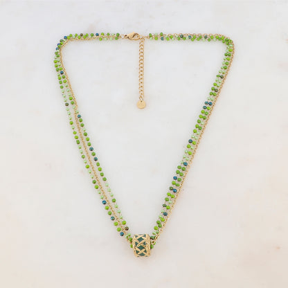 Collier 3 rangs avec pâtes de verre et pendentif émaillé style graphique (40+5CM)