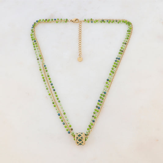 Collier 3 rangs avec pâtes de verre et pendentif émaillé style graphique (40+5CM)