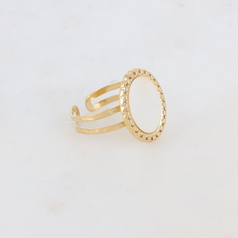 Bague 2 rangs avec pièce ovale, pierre naturelle - Nacre blanche