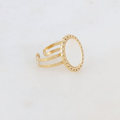 Bague 2 rangs avec pièce ovale, pierre naturelle - Nacre blanche