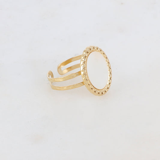 Bague 2 rangs avec pièce ovale, pierre naturelle - Nacre blanche