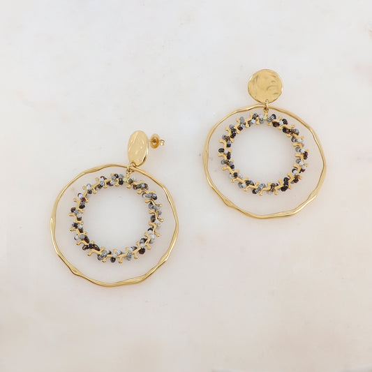 B.O à puce avec pièce ronde, deux anneaux et pâtes de verre 4,9 x 6,4 cm