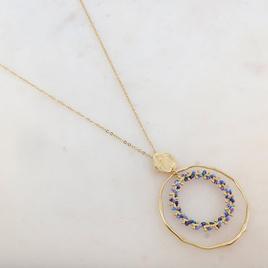 Sautoir avec pièce ronde, deux anneaux et pâte de verre 80+10 cm