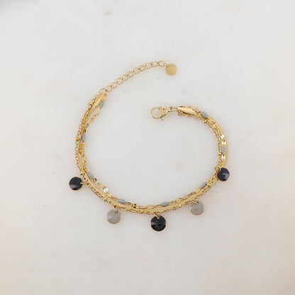 Bracelet trois rangs avec maille, petites pièces émaillées, pampilles rondes émaillées