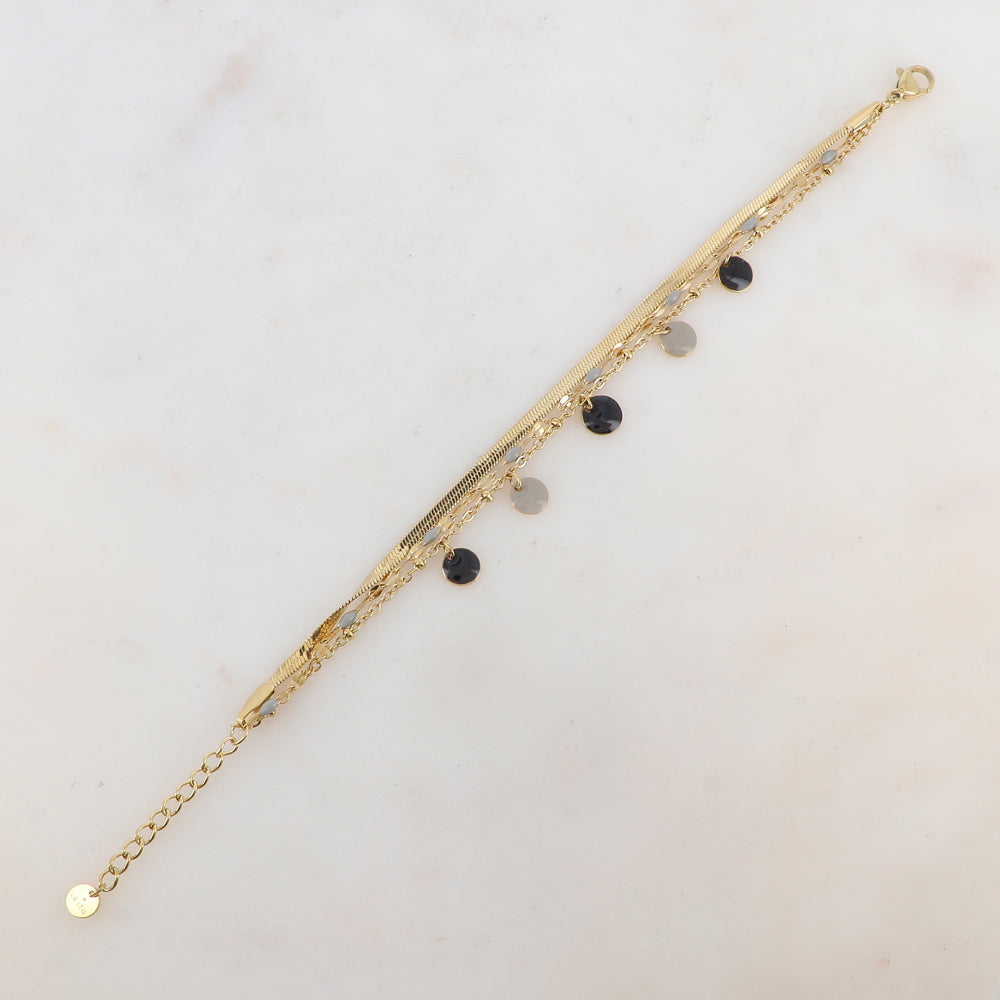 Bracelet trois rangs avec maille, petites pièces émaillées, pampilles rondes émaillées
