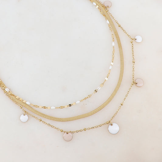 Collier 3 rangs avec maille, petites pièces émaillées, pampilles rondes émaillées 38/41/44+5 cm