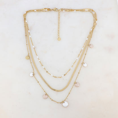 Collier 3 rangs avec maille, petites pièces émaillées, pampilles rondes émaillées 38/41/44+5 cm