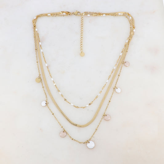 Collier 3 rangs avec maille, petites pièces émaillées, pampilles rondes émaillées 38/41/44+5 cm
