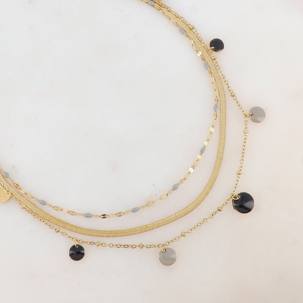 Collier 3 rangs avec maille, petites pièces émaillées, pampilles rondes émaillées 38/41/44+5 cm
