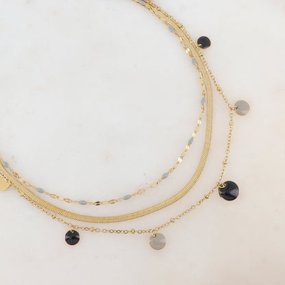 Collier 3 rangs avec maille, petites pièces émaillées, pampilles rondes émaillées 38/41/44+5 cm