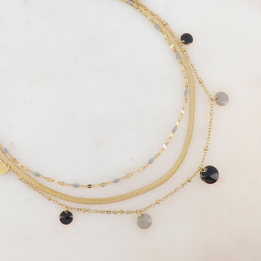 Collier 3 rangs avec maille, petites pièces émaillées, pampilles rondes émaillées 38/41/44+5 cm