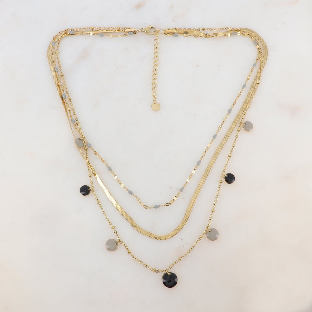Collier 3 rangs avec maille, petites pièces émaillées, pampilles rondes émaillées 38/41/44+5 cm