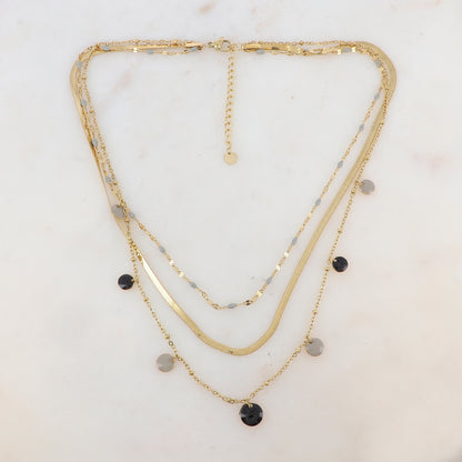 Collier 3 rangs avec maille, petites pièces émaillées, pampilles rondes émaillées 38/41/44+5 cm