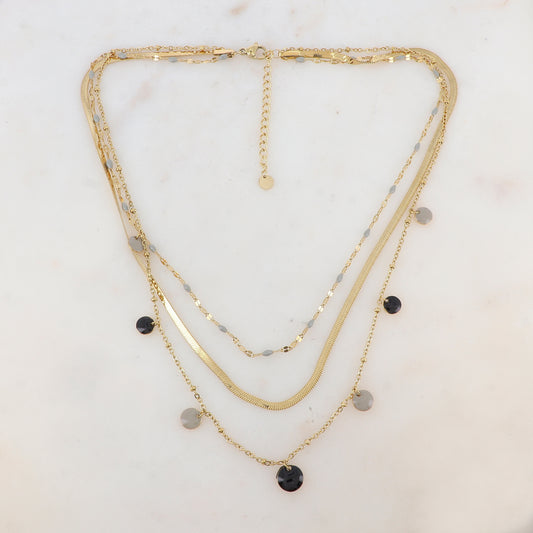 Collier 3 rangs avec maille, petites pièces émaillées, pampilles rondes émaillées 38/41/44+5 cm