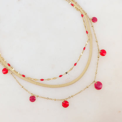 Collier 3 rangs avec maille, petites pièces émaillées, pampilles rondes émaillées 38/41/44+5 cm