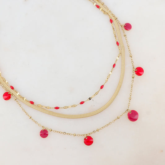 Collier 3 rangs avec maille, petites pièces émaillées, pampilles rondes émaillées 38/41/44+5 cm