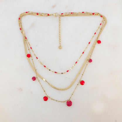 Collier 3 rangs avec maille, petites pièces émaillées, pampilles rondes émaillées 38/41/44+5 cm