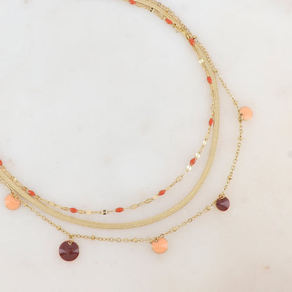 Collier 3 rangs avec maille, petites pièces émaillées, pampilles rondes émaillées 38/41/44+5 cm