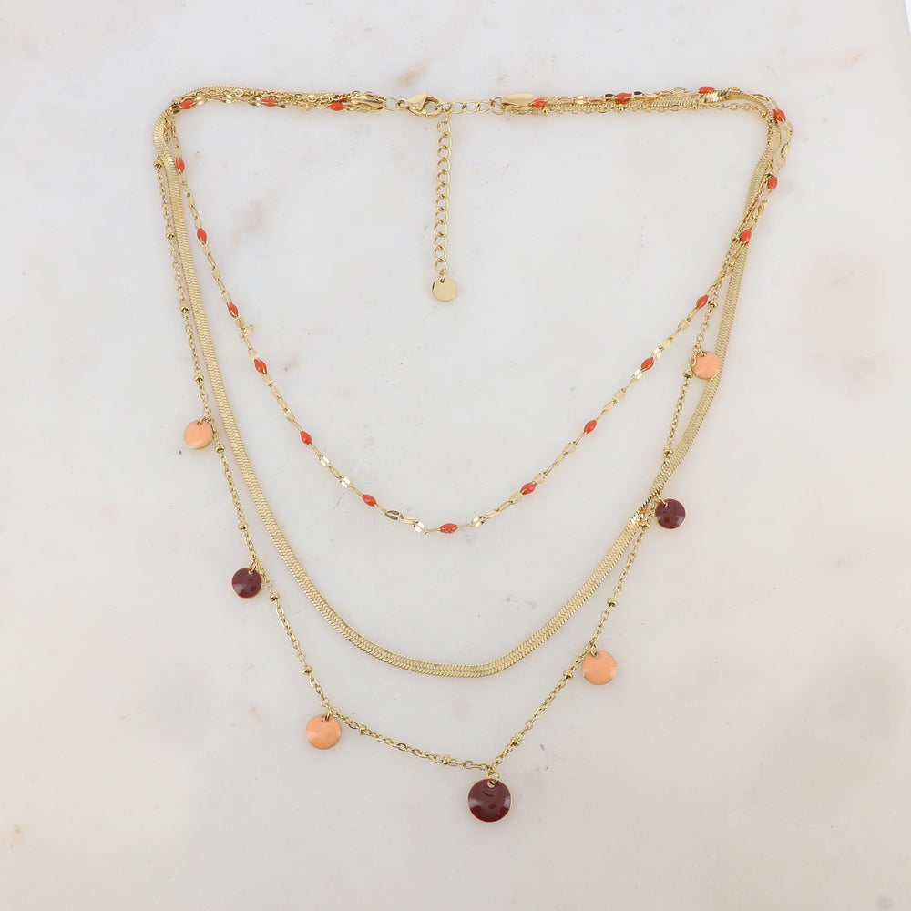 Collier 3 rangs avec maille, petites pièces émaillées, pampilles rondes émaillées 38/41/44+5 cm