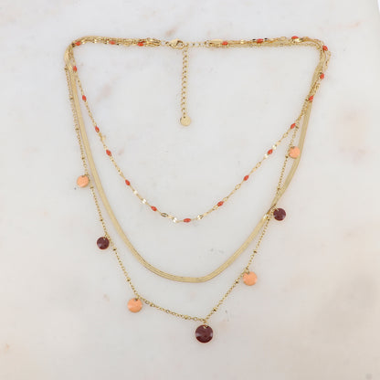Collier 3 rangs avec maille, petites pièces émaillées, pampilles rondes émaillées 38/41/44+5 cm