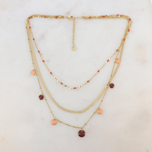 Collier 3 rangs avec maille, petites pièces émaillées, pampilles rondes émaillées 38/41/44+5 cm