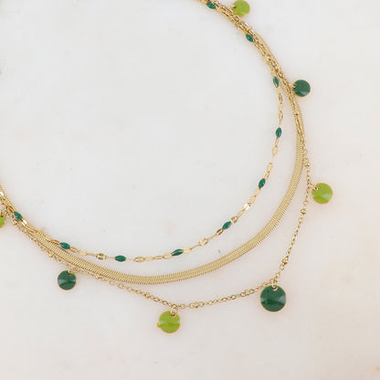 Collier 3 rangs avec maille, petites pièces émaillées, pampilles rondes émaillées 38/41/44+5 cm