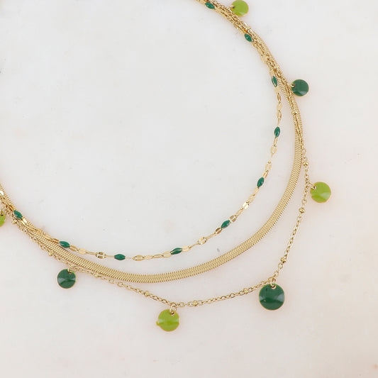 Collier 3 rangs avec maille, petites pièces émaillées, pampilles rondes émaillées 38/41/44+5 cm