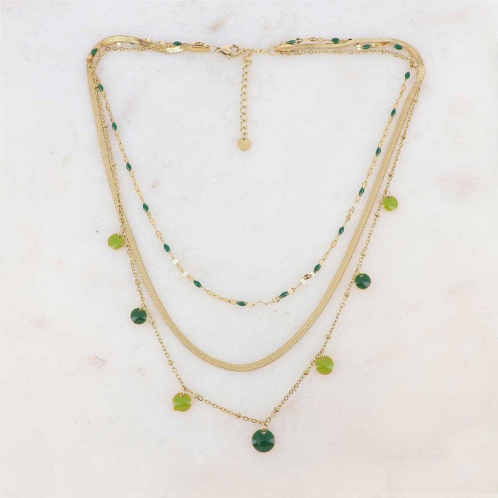 Collier 3 rangs avec maille, petites pièces émaillées, pampilles rondes émaillées 38/41/44+5 cm