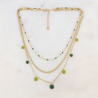 Collier 3 rangs avec maille, petites pièces émaillées, pampilles rondes émaillées 38/41/44+5 cm
