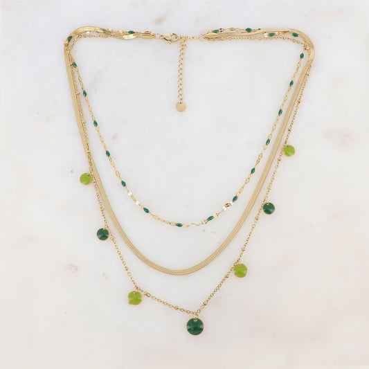 Collier 3 rangs avec maille, petites pièces émaillées, pampilles rondes émaillées 38/41/44+5 cm