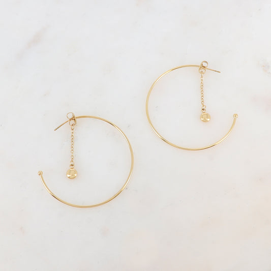 Créoles à puce avec chaîne tombante, pièce ronde 4.5cm