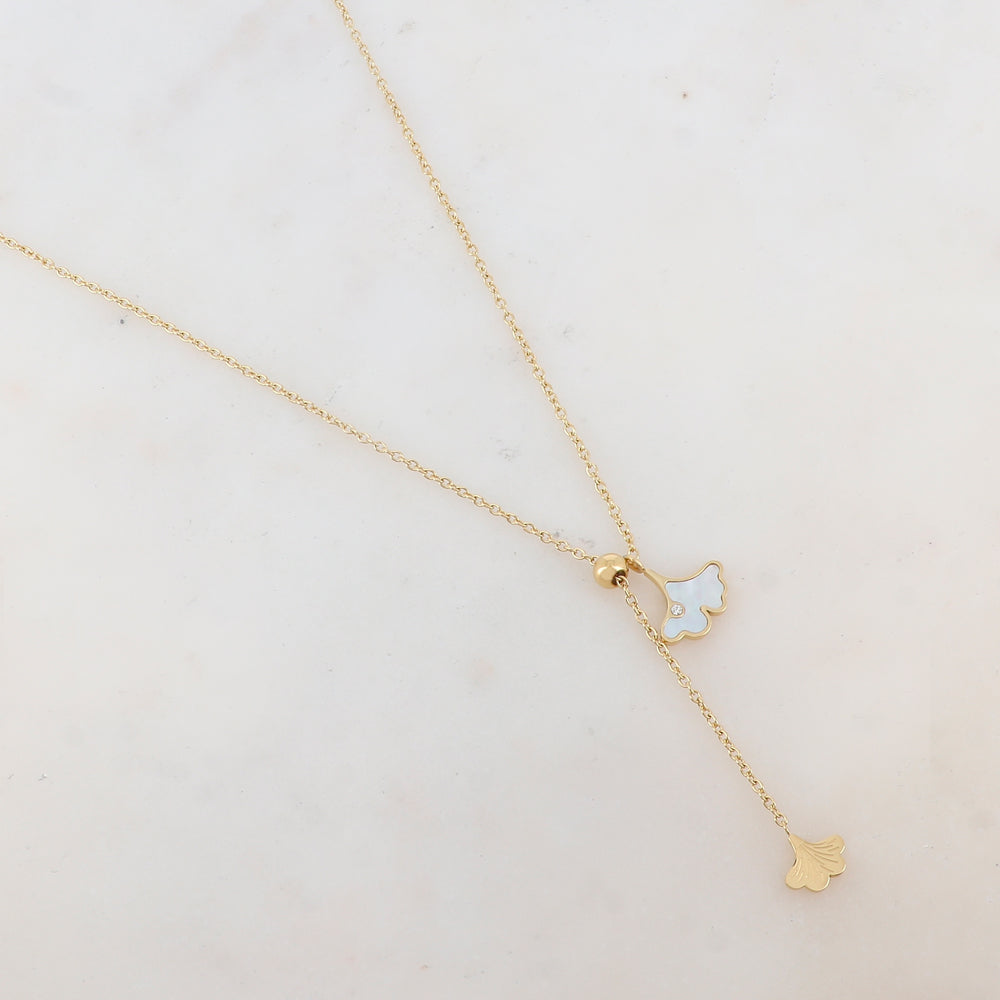 Collier en Y avec des feuilles nacre et strass (45+5CM)