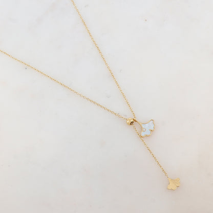 Collier en Y avec des feuilles nacre et strass (45+5CM)