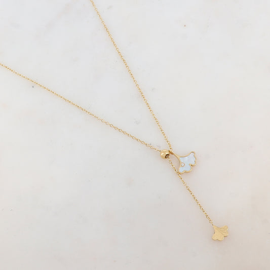 Collier en Y avec des feuilles nacre et strass (45+5CM)