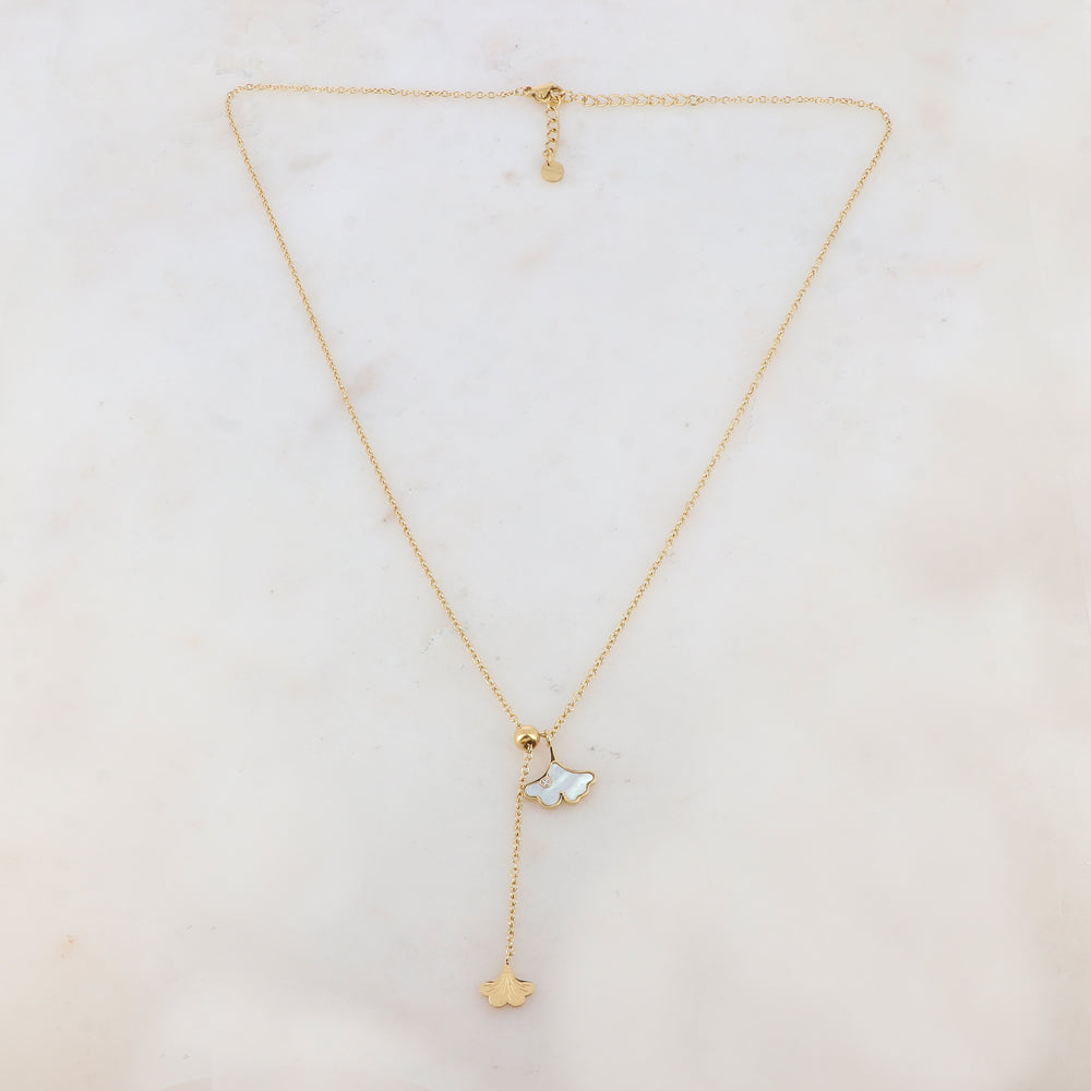 Collier en Y avec des feuilles nacre et strass (45+5CM)