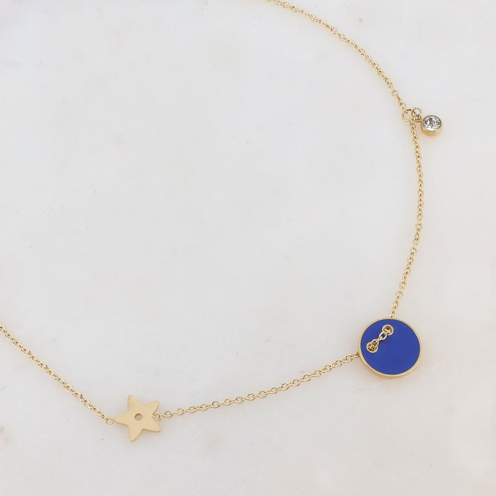 Collier avec étoile, oxyde de zirconium et bouton émaillé bleu (40+5CM)