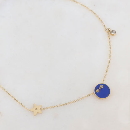 Collier avec étoile, oxyde de zirconium et bouton émaillé bleu (40+5CM)