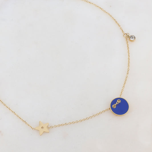 Collier avec étoile, oxyde de zirconium et bouton émaillé bleu (40+5CM)