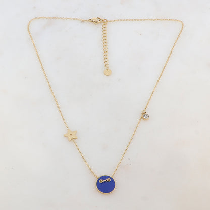 Collier avec étoile, oxyde de zirconium et bouton émaillé bleu (40+5CM)