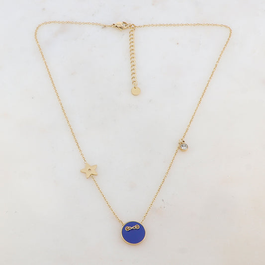 Collier avec étoile, oxyde de zirconium et bouton émaillé bleu (40+5CM)