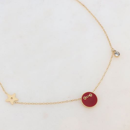 Collier avec étoile, oxyde de zirconium et bouton émaillé rouge (40+5CM)